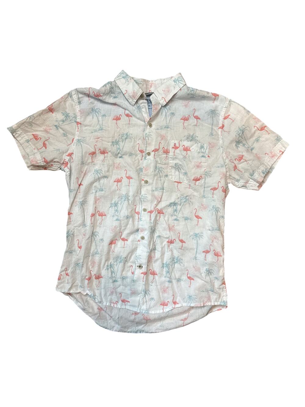 IZOD Saltwater Men's XL Flamingo Palm Tree Hawaiian Shirt Cotton Short Sleeve
